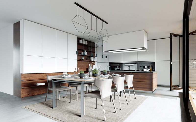 Design dining table set in the kitchen. Contemporary style. 3D rendering